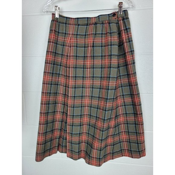 Vintage Pendleton Plaid Wool Skirt Drab Green Burnt Orange Sz 12?‎ - Picture 1 of 7